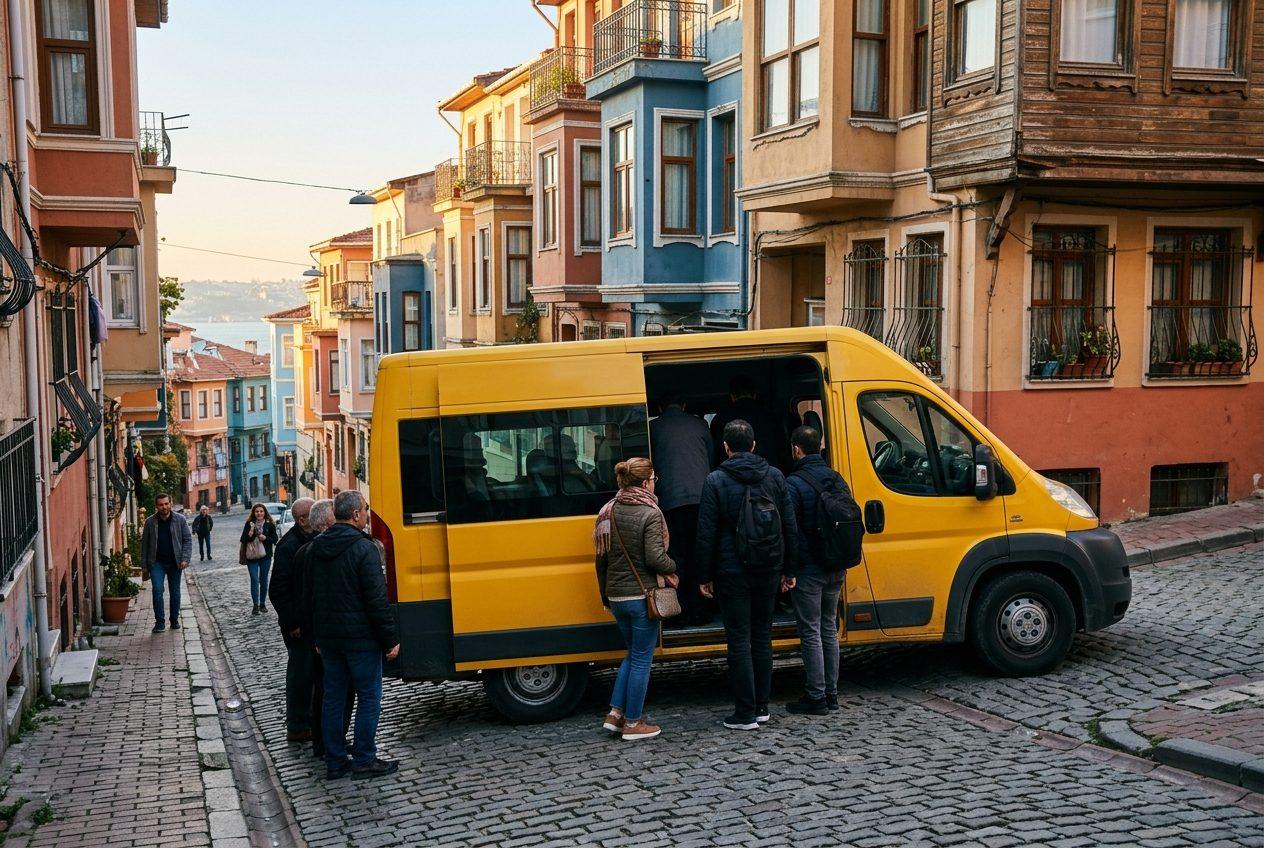 Yokuşlu bir İstanbul sokağında yolcu alan sarı dolmuş