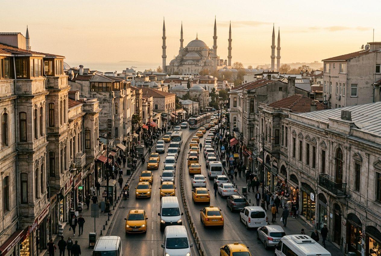Gün batımında sarı taksilerin aktığı İstanbul caddesi, arkada cami kubbesi