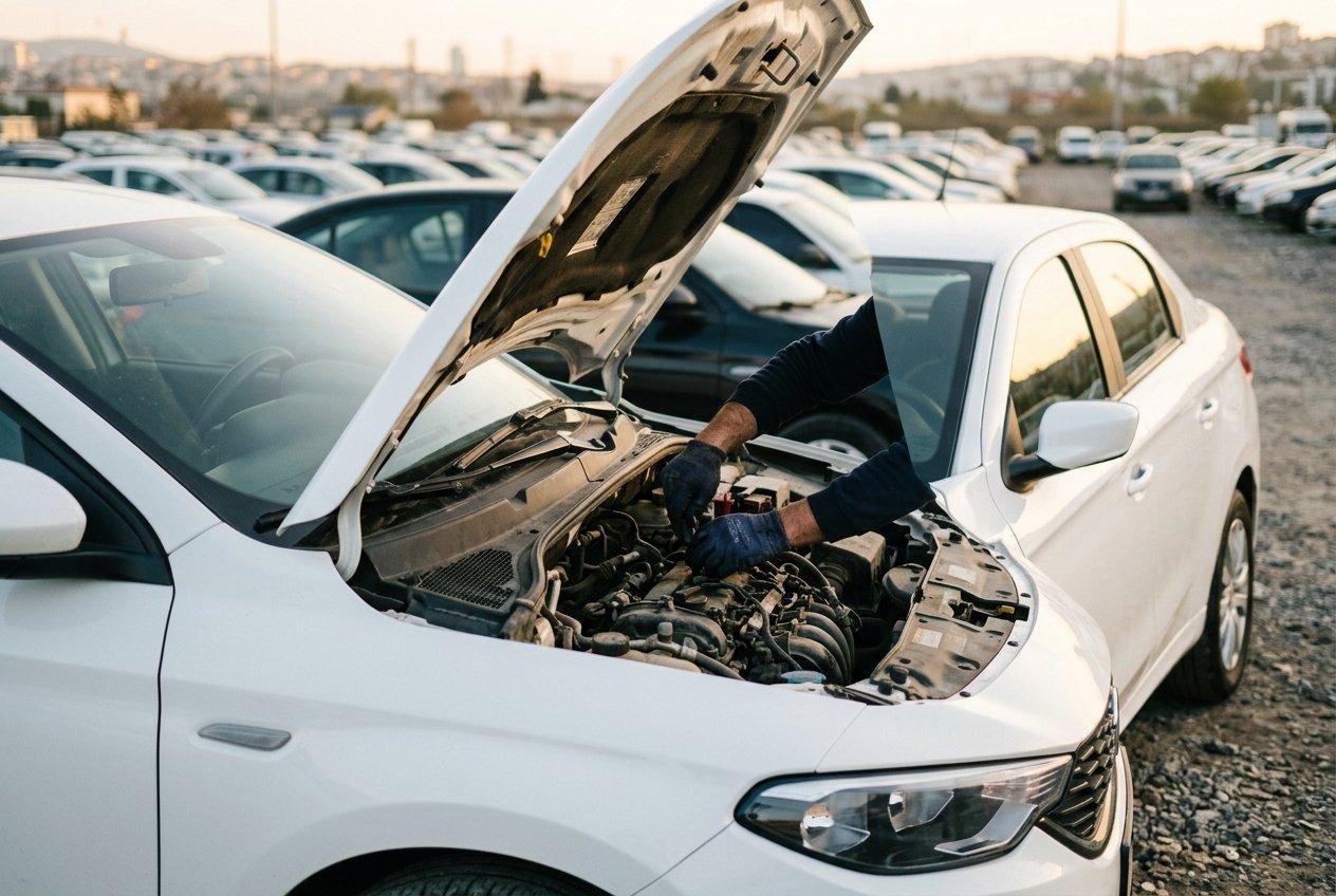 Galeri alanında kaputu açık beyaz bir sedanın motorunu kontrol eden usta elleri