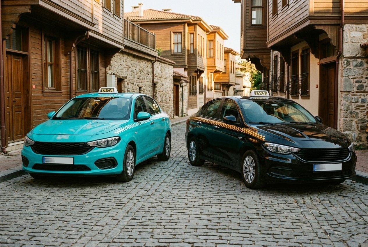 Arnavut kaldırımlı bir İstanbul sokağında yan yana park etmiş turkuaz ve siyah taksi