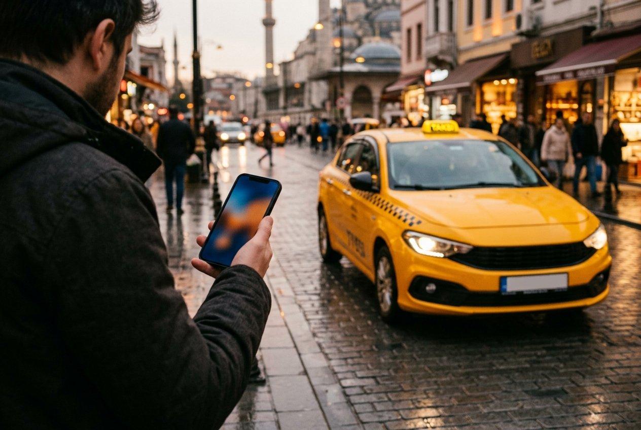 Akşam, ıslak bir İstanbul caddesinde elindeki telefona bakan yolcuya yaklaşan sarı taksi